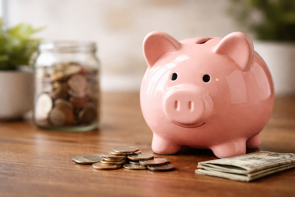 A piggy bank on a wooden table, with coins surrounding it.